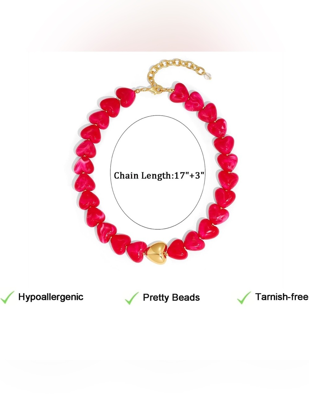 New! Rose Red Heart Bead Dopamine Necklace with Gold Accent - Picture 5 of 5